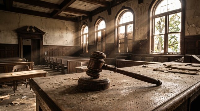 Wooden Judge Gavel on Dusty Desk in an Abandoned Courtroom with Sunlight Rays