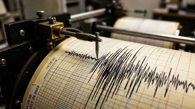 Seismograph machine recording seismic activity on paper drum, close-up of earthquake measurement instrument