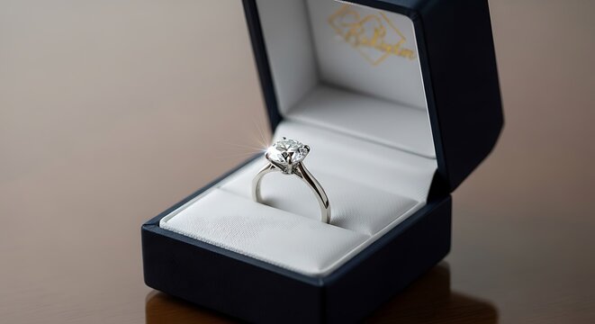 Elegant diamond ring displayed inside a presentation box closeup