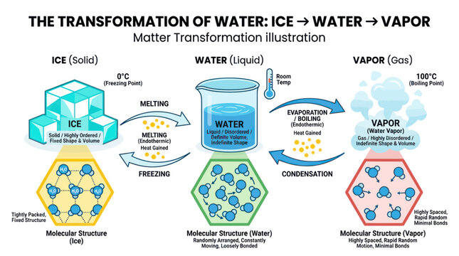 Water states of matter transformation diagram from ice to vapor