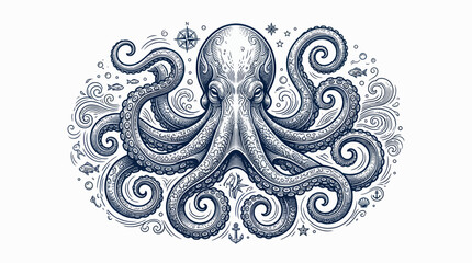 Majestic octopus with nautical elements in vintage ink style © Kembang