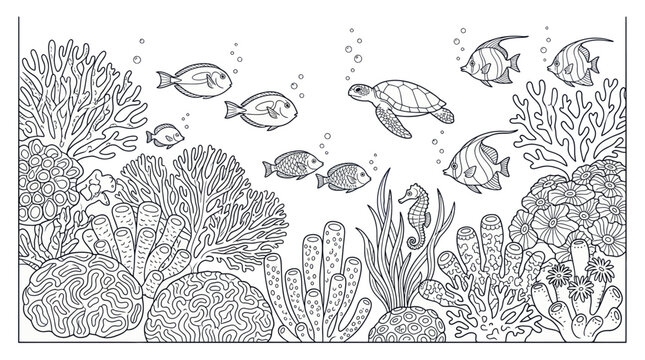 Tropical coral reef with sea turtle and diverse fish coloring book