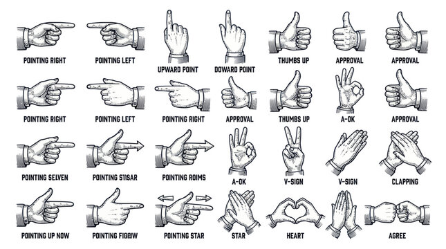 Collection of vintage hand gestures and communication signs