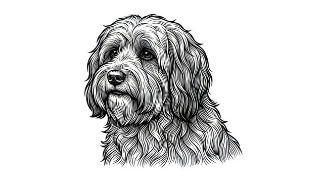 Shaggy haired dog portrait in detailed hand drawn line art style