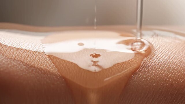 Pure coconut oil dripping and spreading on smooth human skin