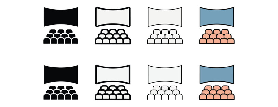 Minimalist icons depicting various seating arrangements with screens above ideal for presentations meetings and events showcasing different colors and styles isolated on transparent background