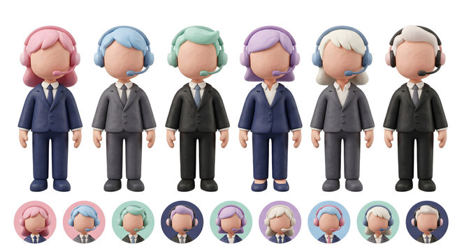 白背景にダークスーツとヘッドセットを着用したビジネスオペレーターとプロフィールアイコン 3Dクレイ調イラスト
