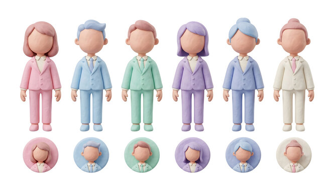 白背景にパステルカラーのスーツを着たビジネスチームスタッフのキャラクターと円形プロフィールアイコン 3Dクレイ調イラスト
