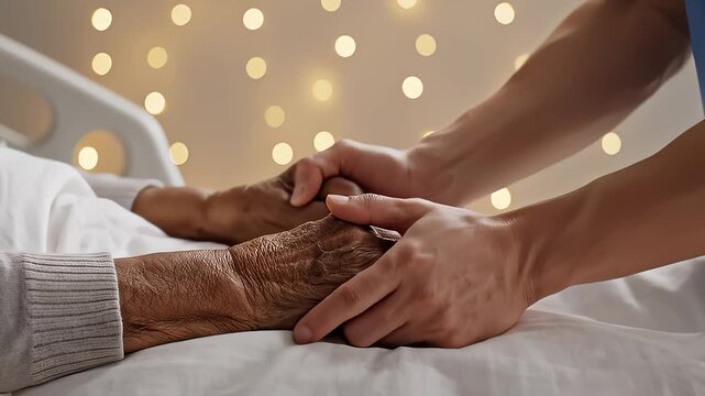 Nurse Comforting Elderly Patient By Holding Hands In Hospital Bed