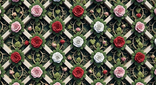 Floral trellis background design featuring red pink and white roses