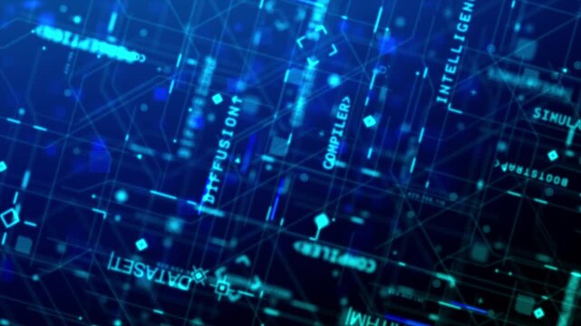Abstract technology background featuring artificial intelligence simulation screen with blue digital coding data and fictional programming text layout