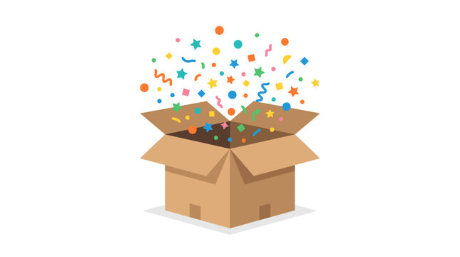 Open cardboard box with colorful confetti and streamers exploding out isolated on white background Vector