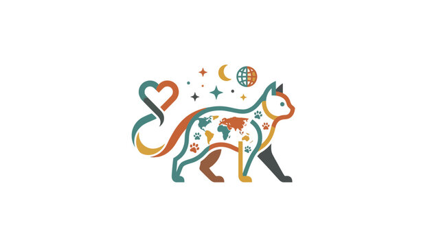 Cat Silhouette with World Map and Heart Tail - Global Pet Care