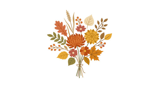 Autumn bouquet of flowers and leaves in warm fall colors isolated on white background Vector