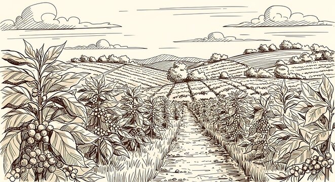 Ink drawing of a coffee plantation with rows of plants under a cloudy sky