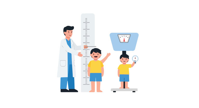 A medical professional is shown measuring a young boy's height with a stadiometer and weight using a scale in this health checkup illustration.