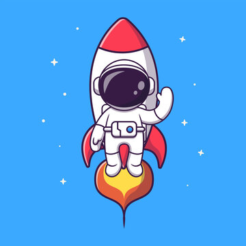 Cute Astronaut Flying With Rocket in Space Cartoon