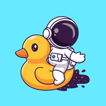 Cute Astronaut Playing With Duck Balloon In Space Pool 
Cartoon