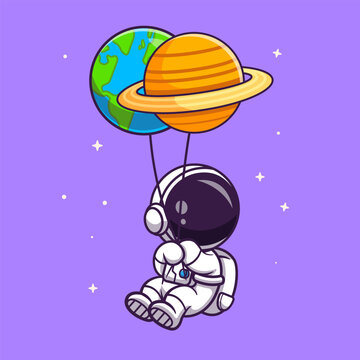 Cute Astronaut Floating With Planet and World Globe Earth 
Balloon Cartoon