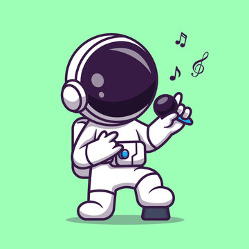 Cute Astronaut Sing With Microphone Cartoon