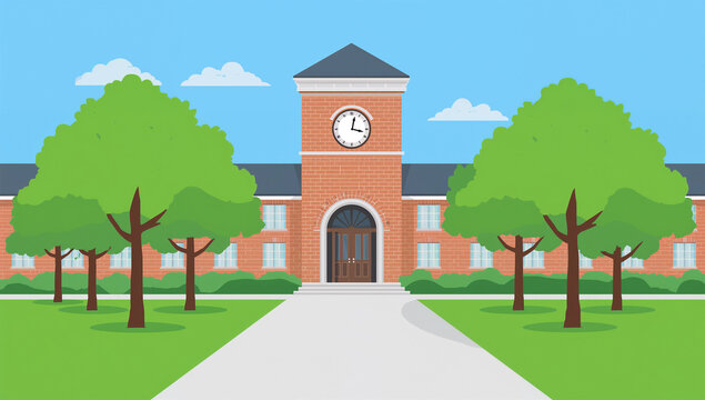 大学の時計塔校舎と緑のキャンパスをシンプルに描いた教育素材