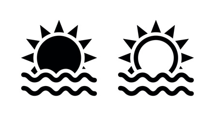 Obraz premium Sun over ocean waves icon set, sunset or sunrise and sea symbol in solid and outline styles, beach and holiday.