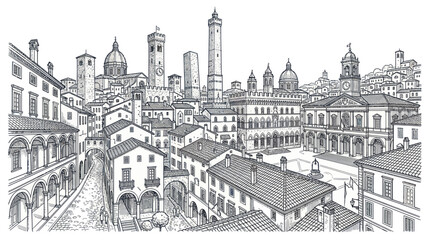 Medieval city square with towers and historical architecture sketch © khimsa