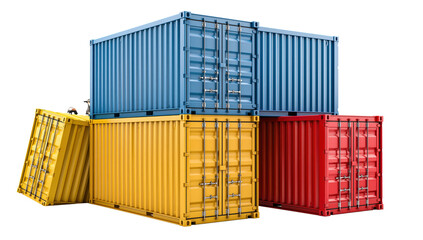 Fototapeta premium Stacked shipping containers in blue yellow and red PNG