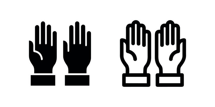 Hands raised up icon set, applause or surrender gesture in solid and outline styles, symbolizing various emotions.