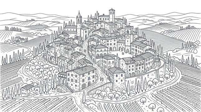 Medieval italian village landscape with vineyards and rolling hills