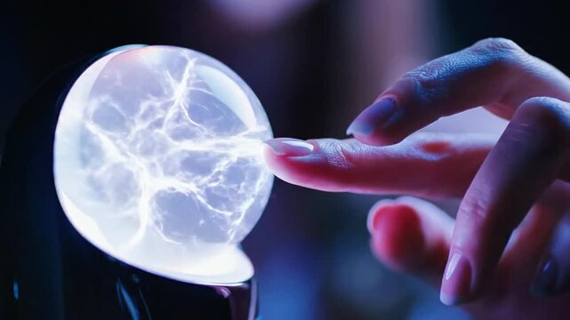 A close-up of a hand reaching out to touch a glowing crystal ball