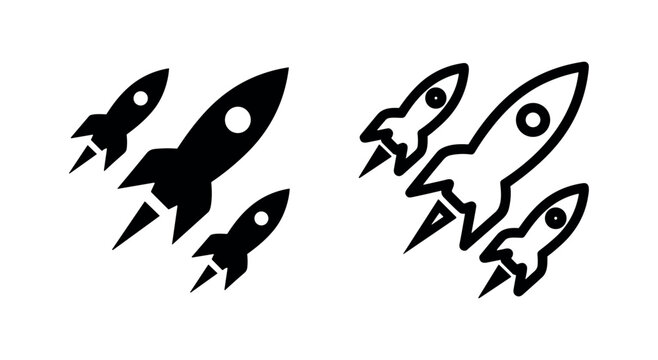 Black and white icons of three rockets launching.