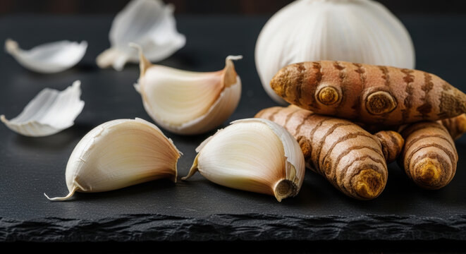 Garlic and turmeric on black surface with cloves and root pieces showing natural health benefits for fatty liver disease treatment and care