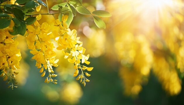 Sunny Yellow Laburnum Flowers Blooming In Bright Daylight