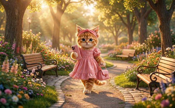 Adorable fluffy orange tabby kitten with big blue eyes walking through a colorful flower garden in a sunny park. The cute cat wears a pink dress, headband, and handbag while holding a smartphone.
