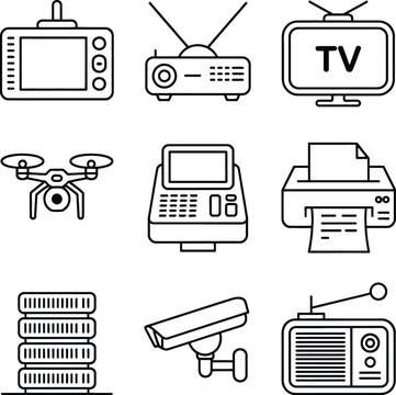 Set of nine black and white linear depicting electronic devices including a drone television printer server security camera radio projector fax machine and a handheld monitor device