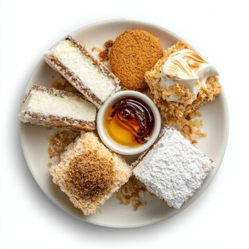 Sweets Australian dessert plate with assorted lamingtons pavlova isolated on white background