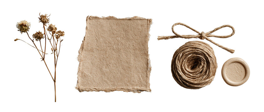Natural craft supplies on transparent background: twine, soap, paper