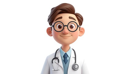 Fototapeta premium Friendly cartoon doctor with glasses and stethoscope smiles warmly