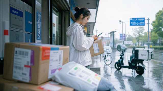 Delivery Rider in the Rain: A young delivery rider checks her phone while standing next to a pile of packages, with a scooter parked nearby, all in the midst of a downpour on a city street.