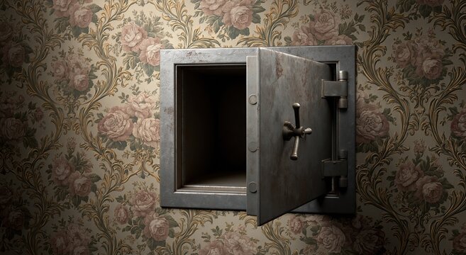 Open safe deposit box with gunmetal door on floral wallpaper