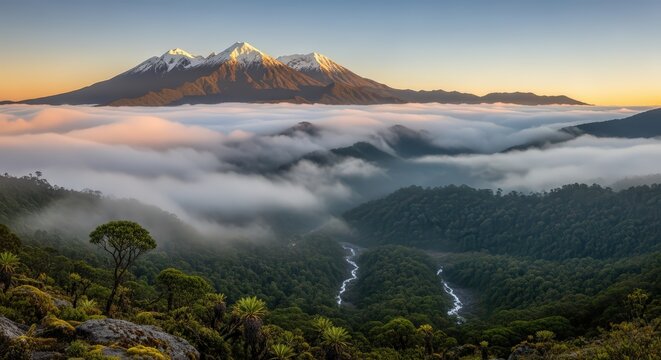 Panoramic Puncak Jaya wilderness landscape featuring a vast expanse of tropical forest, winding rivers, and snow-capped peaks under a warm sky.