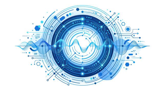 Futuristic digital circle with sound frequency and data circuits