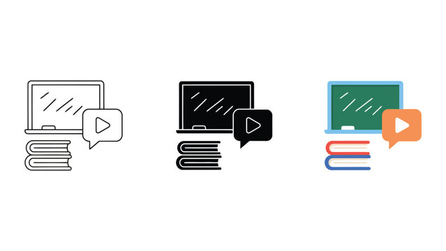 E-learning and digital education concept with laptop books and play button icon representing online video courses