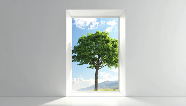 Window view of a large green tree on a sunny day