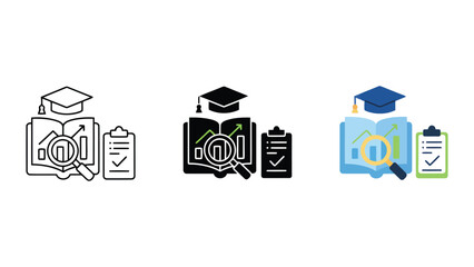 Fototapeta premium Academic research icons featuring open book magnifying glass and data chart in line solid and color vector styles