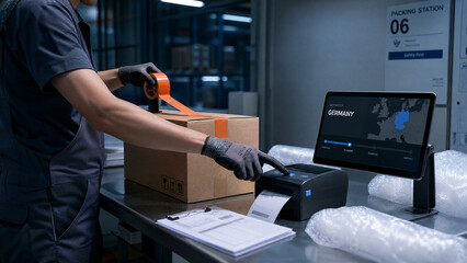 Fototapeta premium Warehouse worker sealing package: A gloved hand uses tape to seal a cardboard box while another hand presses a button on a label printer in a modern warehouse setting.