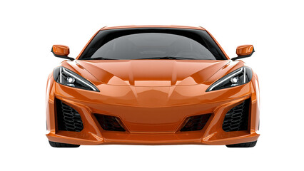 Orange sports car front view with headlights on transparent background