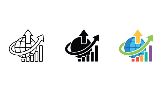 Global growth chart with upward arrows and bar graph representing economic progress and financial success icon