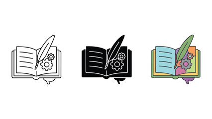 Fototapeta premium Open book with quill feather and gears representing creative writing and process vector illustration